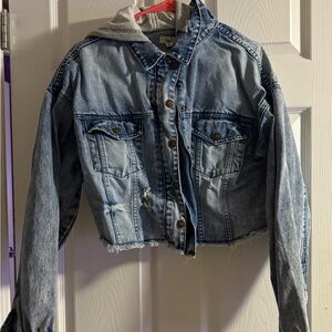Easel Distressed Denim Jacket with Gray Hood
